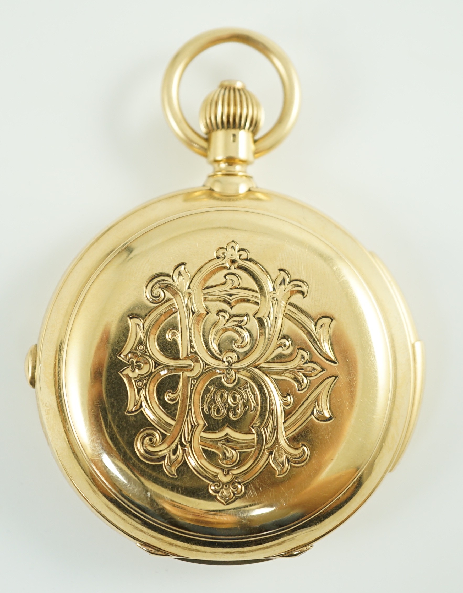 A late 19th Swiss 18k gold keyless hunter minute repeating chronograph pocket watch by U. Montandon Robert